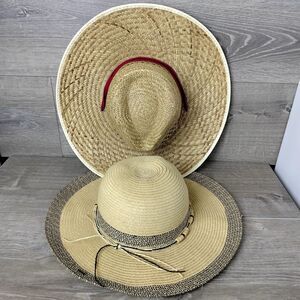 Floppy Sun Hats Lot of 2 Women Tan Beach Straw Beaded Band BOHO Resort UVP Large